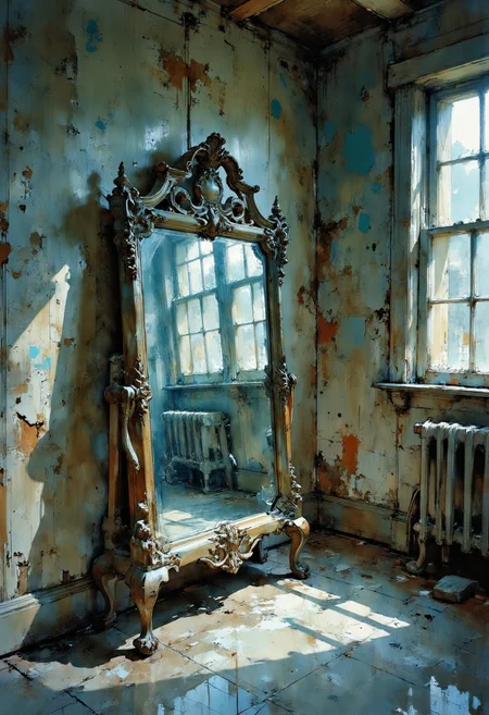 In a dimly lit attic sits an ornate mirror. Blue light filters through a nearby windows. Everything is covered in a layer of dust, from years of stagnation and inactivity. The mirror shows signs of aging, the once reflective glass now looks clouded and dull, the intricate designs around the bronze frame are marred by verdigris. The scene evokes a feeling of stillness and redundancy.