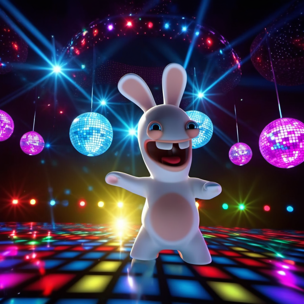 a rabbit dancing disco in a club, discoball, lights, highly detailed, photography, ultra sharp, film, professional, 64k  <lora:LapinsCrétins1024-000175:0.8> <lora:add-detail-xl:1.5>