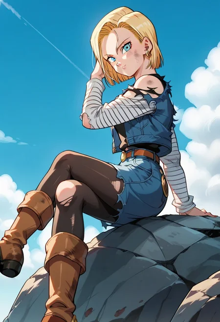 source_anime, score_9, score_8_up, score_7_up, anime screencap, high quality,
android18, 1girl, solo, blonde hair, blue eyes, short hair,
outif1, stripped sleeves, denim jacket, denim skirt, pantyhose, belt, torn sleeves, long sleeves, boots,torn clothes, black legwear, brown footwear,
looking at viewer, sitting on rock, sky, crossed legs, arm at side, bare shoulders, dirty face, dirty clothes, hand in own hair, from side, from below, shoe soles, torn sleeves