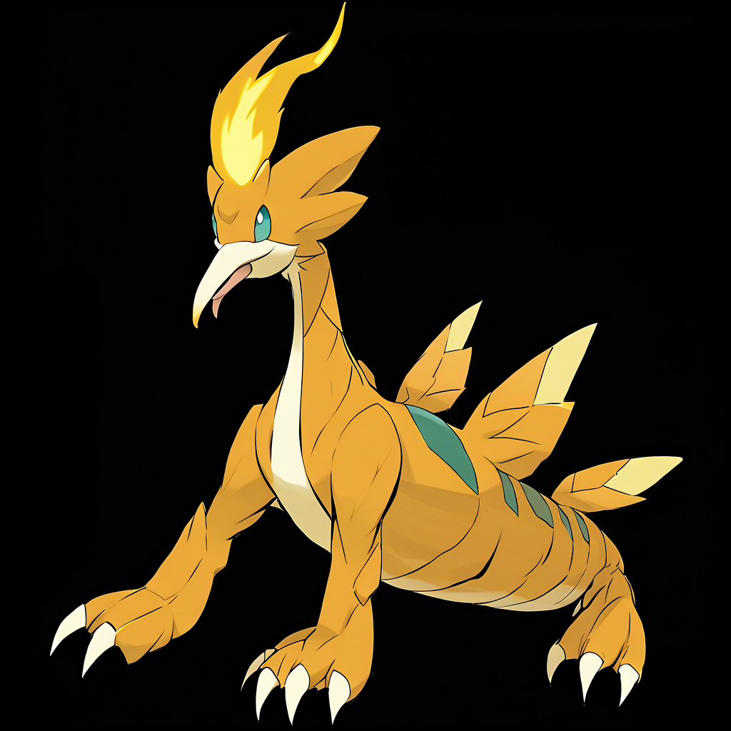 <lora:pokemon_pony_xl:1>, watercolor creature art like pokemon, Type: Ground, Type: Fire, Egg Group: Dragon, is a pokemon creature that The creature's back is adorned with a yellow (orange:0.8) saddle-like marking, indicating its rank within its social hierarchy,The creature can create Silver bubbles from its mouth, which it uses as playful toys or to distract predators.,The creature's gait is silent, making it a formidable predator in its natural habitat,The creature's laugh echoes with a Copper cadence that brings joy to all Normal beings in earshot,The animal's beak is serrated, perfect for tearing into the tough hide of Salamander score_9, score_8_up, score_7_up, score_6_up, score_5_up, score_4_up.  Simple black background, (Masterpiece:1.3) (best quality:1.2) (high quality:1.1)
