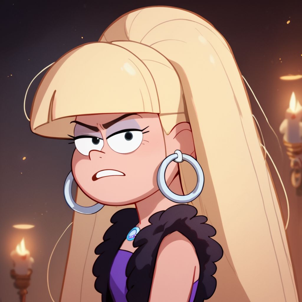 score_9, score_8_up, score_7_up, score_6_up, score_5_up, score_4_up, 1girls, Pacifica, blond hair, in a haunted house, flashlight, hoop earrings, solo, dress