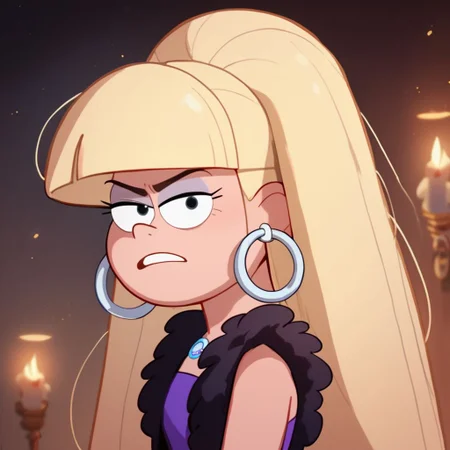 score_9, score_8_up, score_7_up, score_6_up, score_5_up, score_4_up, 1girls, Pacifica, blond hair, in a haunted house, flashlight, hoop earrings, solo, dress