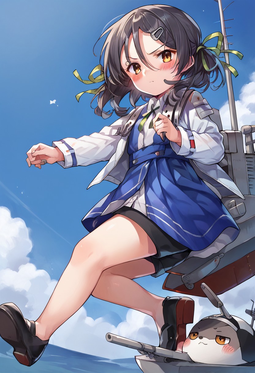 score_9, score_8_up, score_7_up, source_anime, inagi (kancolle), black footwear, dress shirt, long sleeves, blue dress, green ribbon, blush, turret, rigging, jacket, black shorts