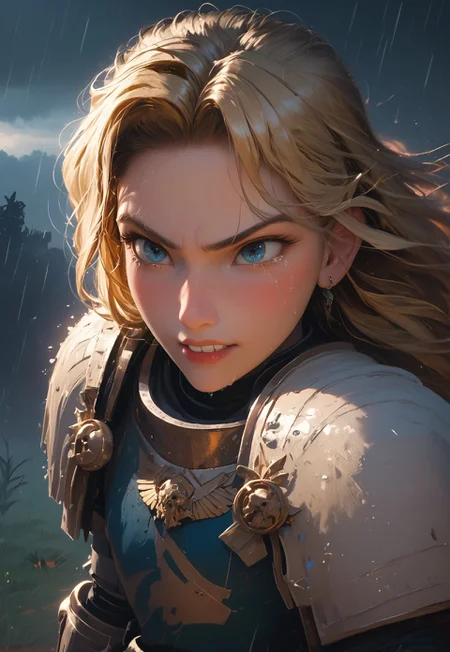 1girl, solo, 24 year old woman, large build, running:1.4, beautiful, long hair, blonde hair, freckles:1.4, face uplifted:1.6, looking up, looking at the sky, earrings, (fierce) grin:1.5, crying:1.5, teeth clenched:1.4, angry smile:1.5, wide hips, knight armor:1.5, heavy armor, gauntlets, greaves, bright blue eyes, rain falling on her face:1.5, tan skin, tears on chin, tears on cheeks, action pose:1.3,
dusk, after battle, muddy field, some grass, fallen soldiers around her:1.4, storming, dark gray sky, dark sky:1.4, streaming banners, battlefield, intense rain:1.3, dreary, raining, overcast, mountains and hills in the background,
score_9, score_8_up, score_8, masterpiece, best quality, official art, extremely detailed, CG unity 8k wallpaper, absurdres, high definition, photorealism:1.5, detailed shading, high contrast, ambient occlusion, vivid colors:1.5, saturated colors:1.6,
dynamic angle:1.3, cowboy shot, cinematic, from above:1.3,
expressiveh, whites40k, tears,
