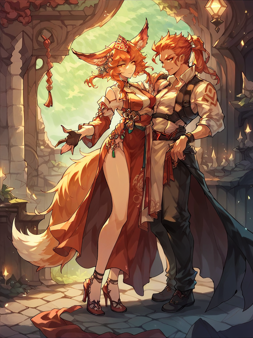 score_9, score_8_up, score_7_up, score_6_up, score_5_up,   <lora:mitraXLP:1> mitra, fox ears, 1girl, ginger hair, high heels,