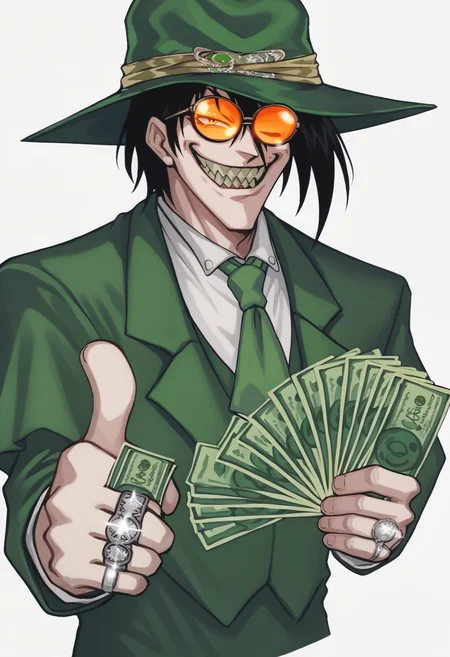 score_9, score_8_up, score_7_up, source_anime, 1boy, <lora:gangstersb-guy-PONYv1:1> gangstersb, thumbs up, one eye closed, grin, smile, sharp teeth, money, holding money, portrait, cropped torso, ring, formal, hat, green headwear, necktie, suit, striped, looking at viewer, <lora:AlucardHS-pdxl:1> aluHS, black hair, glasses, orange-tinted eyewear