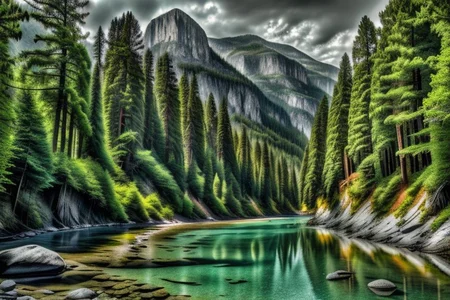 ultra-realistic image with high resolution and stable focus, correct and accurate anatomy, correct and accurate objects, perfect detail, ultra-realism, photo realism, 2D, 2D concept art, (((no humans, no animals, no man made structures))), ((anime, anime style))
BREAK
natural landscape, sea, mountain, forest, river mouth, river flow into the sea, estuary, rock formations, coast, beach, shore
BREAK
Mountain, forest, pine forest, pine trees, trees, rocks, small trees, river, large river, redwood forest, redwood trees