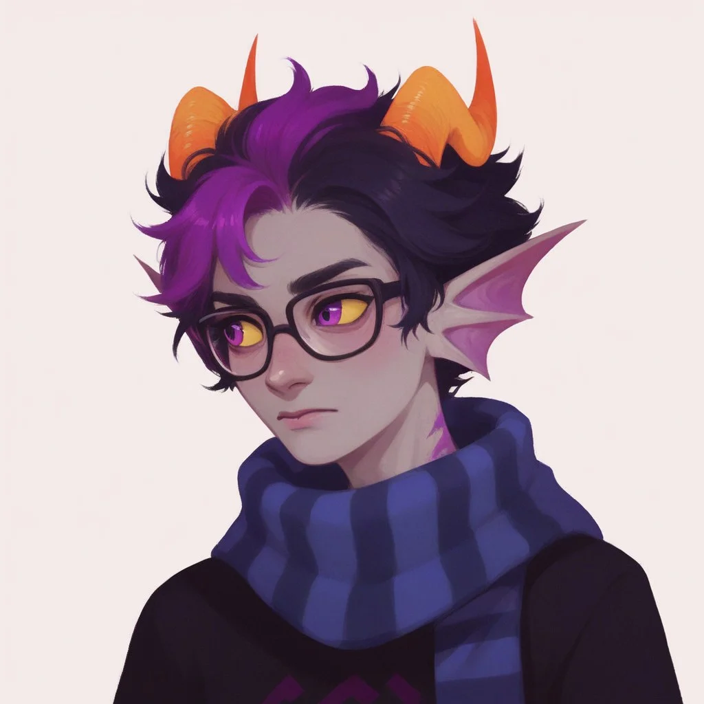 ((score_9, score_8_up, score_7_up)), masterpiece, striped blue scarf, hipster glasses, black turtleneck, aquarius \(symbol\), striped blue pants, looking away, solo, solo focus, colored skin, gray skin, violet eyes, yellow sclera, violet stripe in hair, short hair, black hair, horns, wavy horns, head fins, 1boy, Eridan Ampora, upper body, <lora:cefaa866-a58e-40ba-a219-79ab392f7d60:0.2>, <lora:cef6c9c2-d4b5-4cf4-8bfb-1813edb106df:0.7>