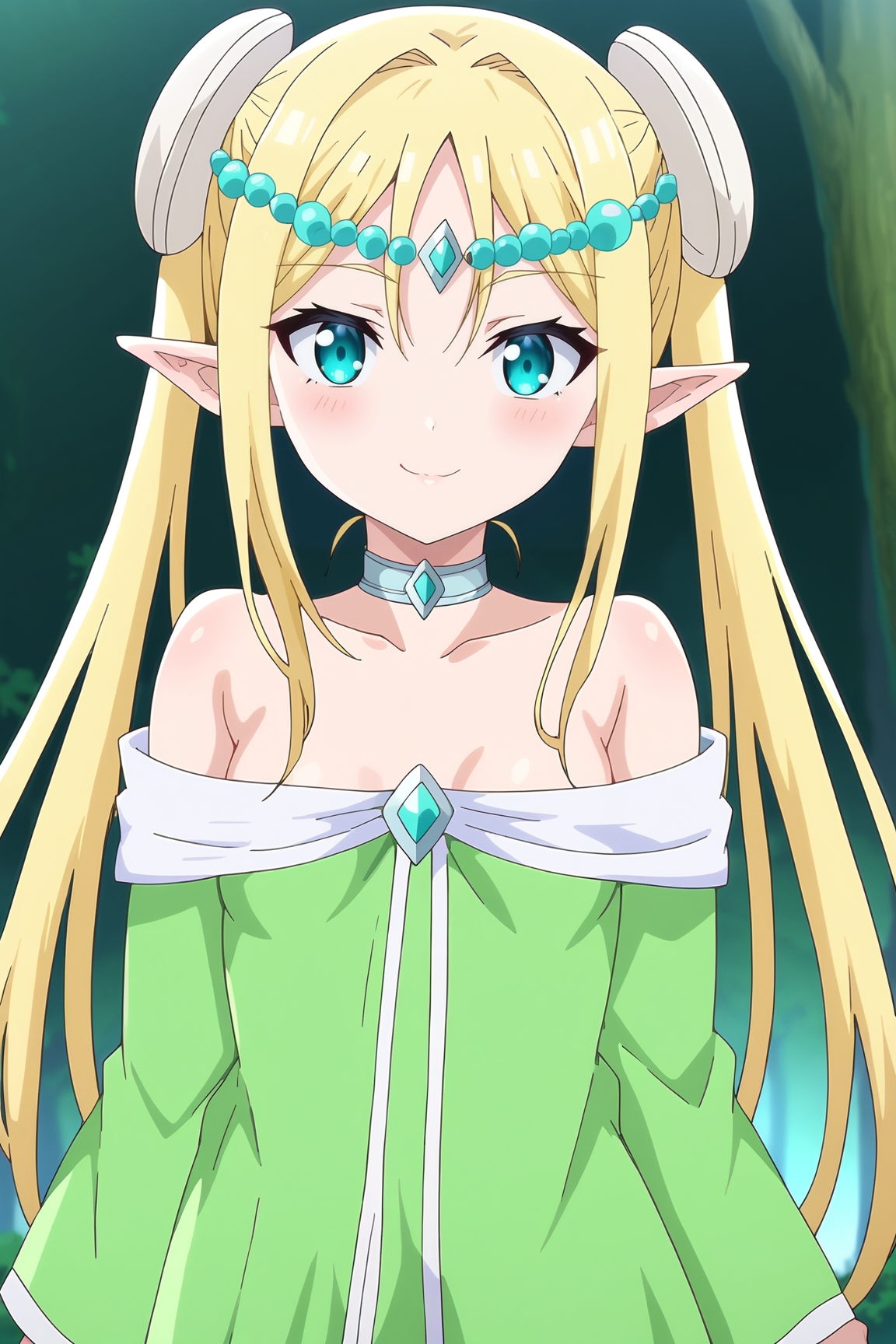 score_9, score_8_up, score_7_up, source anime, prefect lighting, very aesthetic, BREAK, anime coloring, anime screencap,
<lora:vegan_eldriel_v1-pdv6:0.9>, 1girl, vegan eldriel, peter grill to kenja no jikan, aqua eyes, blonde hair, long hair, pointy ears, elf, small breasts, 
vegout, twintails, circlet, hair ornament, choker, green dress bare shoulders, collarbone, off shoulder, 
BREAK, looking at viewer, light smile, blush,
BREAK,
