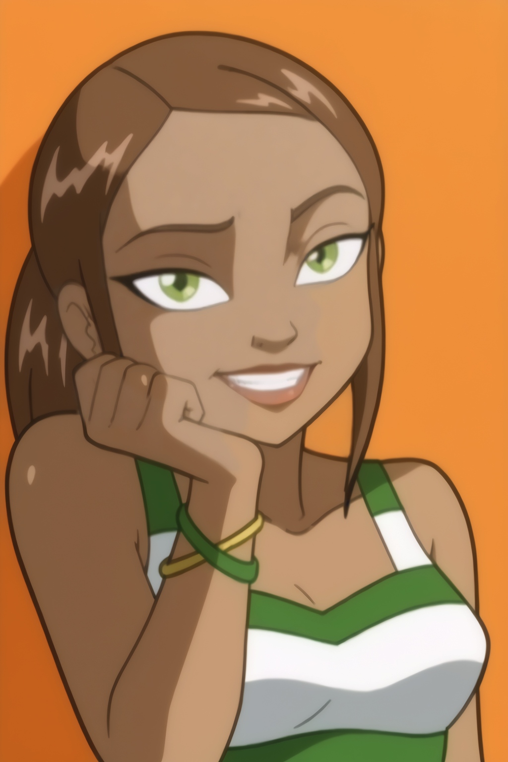 <lora:LionessV2:0.8> Lioness, bright green eyes, brown hair, hair highlights, cheerful smile, hand on face, playful expression, green and white top, close-up shot, orange background, cartoon style, face focus, glowing eyes, happy expression, casual pose