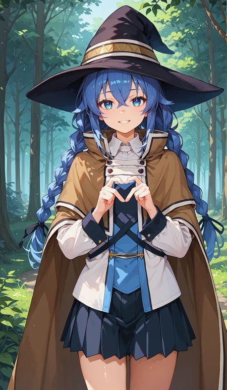 score_9, score_8_up, score_7_up,source_anime,
<lora:P-Roxy:0.8> r0x7, 1girl, solo, blue eyes, blue hair, long hair, hair between eyes, bangs, twin braids, brown cape, witch hat, cape, pleated skirt, long sleeves, black skirt, small breasts, seductive smile, parted lips, eyelashes, standing, full body, shoes,<lora:Heart_Fingers__Concept_Lora:1> heart fingers, heart hands, forest background, 
,glistening skin, <lora:shinyskin2:0.5>, cowboy shot,
masterpiece, expressiveh, <lora:Expressive_H:0.3>