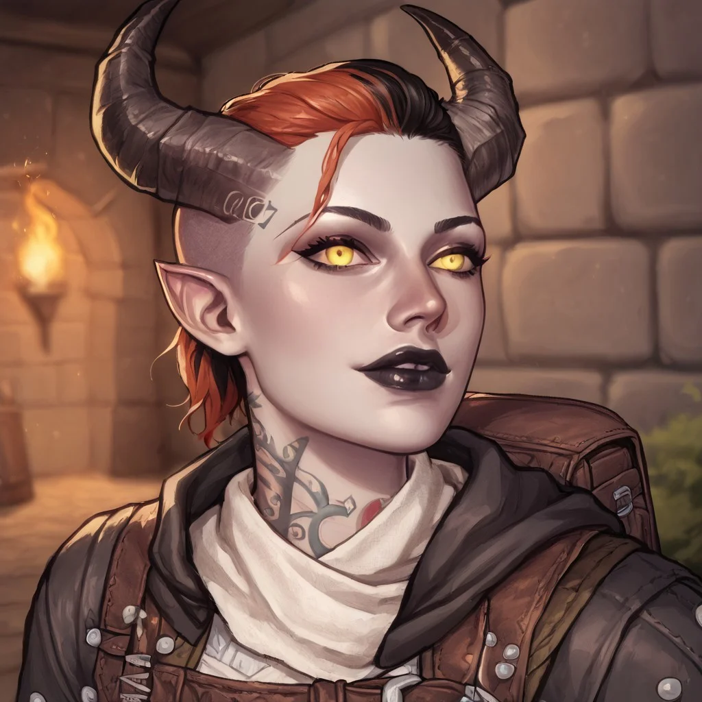 (((beautiful, high quality, perfect eyes, comics style, semi-realistic, perfect hands, detailed face))), score_9, score_8_up, score_7_up, BREAK bust shoot, solo, 1girl, 33y woman, (Tiefling, pointed ears, curved horns), ((pale gray skin:1.1)), ((hooked nose)), muscular, tattoos, fiery red hair, medium hair, unruly shaved side, Black lips, eyeshadows, yellow eyes, (flirting), BREAK a rogue wearing black torn coat, multiple belts, bandages, backpack, hood up, scarf, medieval inn, fantasy background, blurred background, easynegative, JIM EIDOMODE, Dungeons and Dragons 5th edition style illustration