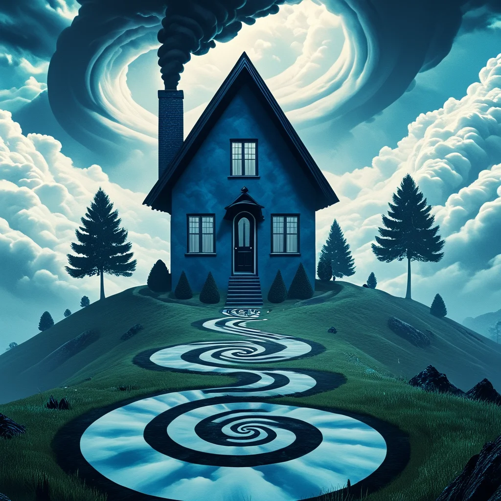 <lora:Geometric_Dreamlike_Movie_r1:1> no humans, cloud, sky, scenery, outdoors, cloudy sky, tree, blue theme, nature, forest, ArsMovieStill, A dreamlike movie still, The image is a digital illustration of a single-story house on a hill with a spiral staircase leading up to the entrance. The house is black and has a triangular roof with a chimney and large windows on the front. The sky is filled with dark stormy clouds that are covering the entire sky. The ground is covered in grass and there are trees in the background. The overall mood of the image is ominous and foreboding.