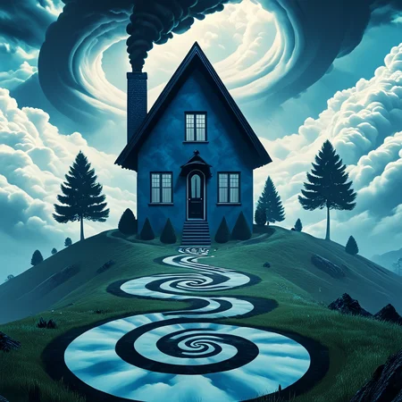 <lora:Geometric_Dreamlike_Movie_r1:1> no humans, cloud, sky, scenery, outdoors, cloudy sky, tree, blue theme, nature, forest, ArsMovieStill, A dreamlike movie still, The image is a digital illustration of a single-story house on a hill with a spiral staircase leading up to the entrance. The house is black and has a triangular roof with a chimney and large windows on the front. The sky is filled with dark stormy clouds that are covering the entire sky. The ground is covered in grass and there are trees in the background. The overall mood of the image is ominous and foreboding.