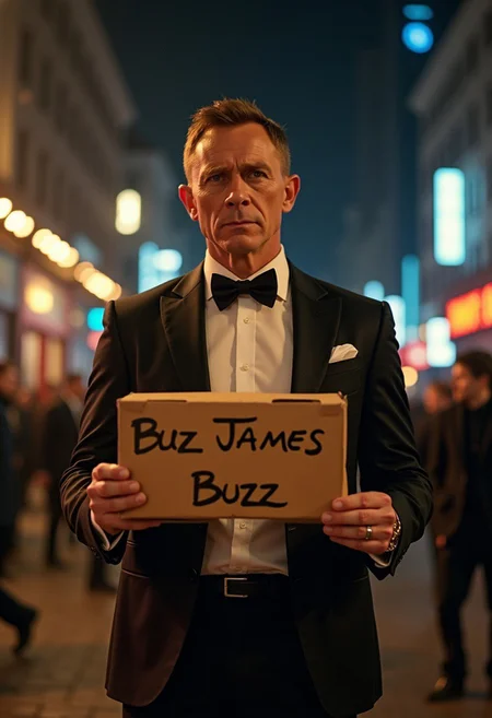007, James Bond, holding a cardboard that texts: "Buzz, James Buzz" and background is a night dynamic scene