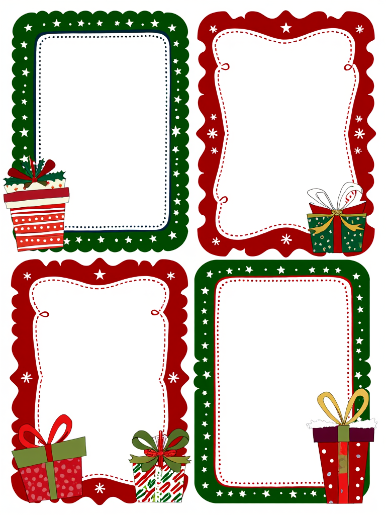 Christmas Label Tags 4x2 grid layout, lines, colorful christmas frames with a christmas icon on the side. No text. White background.
<lora:ChristmasLabelsFlux:0.9>