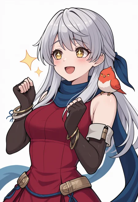 masterpiece, best quality, upper body, solo, 1girl, mchdef, blush, :d, looking away, standing, hands up, clenched hands, bird on shoulder, long hair, grey hair, half updo, hair ribbon, blue ribbon, yellow eyes, sparkling eyes, raised eyebrows, red dress, sleeveless dress, black gloves, elbow gloves, fingerless gloves, blue scarf, bracelet, bangle, bare shoulders, simple background, white background
<segment:yolo-Anzhc Face seg 640 v2 y8n.pt,0.4,0.5//cid=1>
