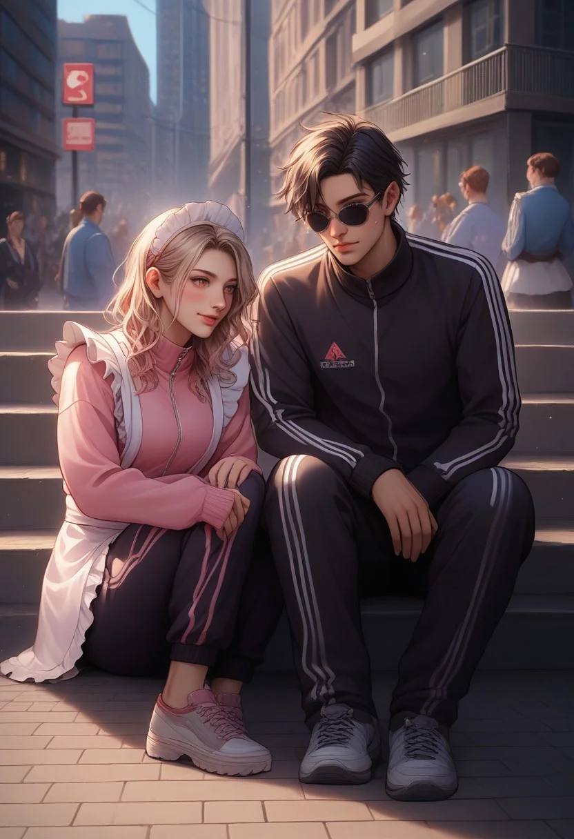 score_9, score_8_up, score_7_up,
masterpiece, best quality, detailed, amazing quality,
detailed background, city, siting on pavement,
detailed face, detailed eyes,
dynamic pose, sitting,
1women, 1man, multiple people, happy, looking at each other,
easynegative,
ja-jimeido, frill, tracksuit, heart, maid headress, apron, black clothes, sleeves past wrists,