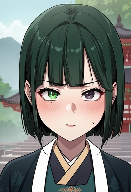 score_9, score_8_up, score_7_up, source_anime,anime screencap, anime coloring,intricate details,rating_safe, masterpiece, best quality,
(best quality, absurd res, ultra detailed),1girl, ((solo)), good eyes,perfect eyes,,detailed eyes, zPDXLxxx , zPDXL3,detailed, detailed face, <lora:add-detail-xl:3>,(4 finger)
BREAK
<lora:Tang-Soyeol:0.8>, soyeol, green hair, short hair, bangs, heterochromia, mole under eye, Japanese clothes,
BREAK
standing,looking at viewer,embarrassed