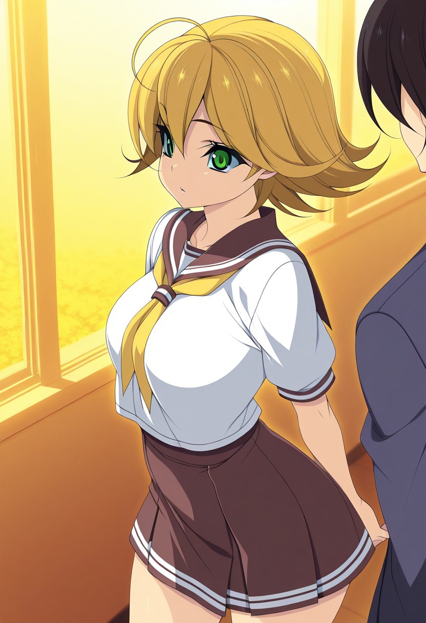 very awa,masterpiece, best quality, good quality,anime coloring,kinoshita_ichi,FongNina,blonde hair,ahoge,green eyes,
school uniform,white shirt,yellow_neckerchief,brown skirt,