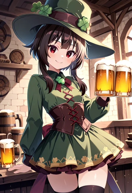 masterpiece, best quality,   megumin, solo, looking at viewer, smile, red eyes, black hair, short hair with long locks, 1girl, solo, eyelashes, (beautiful eyes), C0utur3Cr4z3,  green hat, corset, thighhighs, green skirt, long sleeves, collared dress, solo, smile, looking at viewer, cowboy shot,  ShamrockWorld, clover, four-leaf clover, beer mug,  ,<lora:ShamrockWorld_IXL:1.0>,  <lora:CoutureCraze_IXL:0.8>,