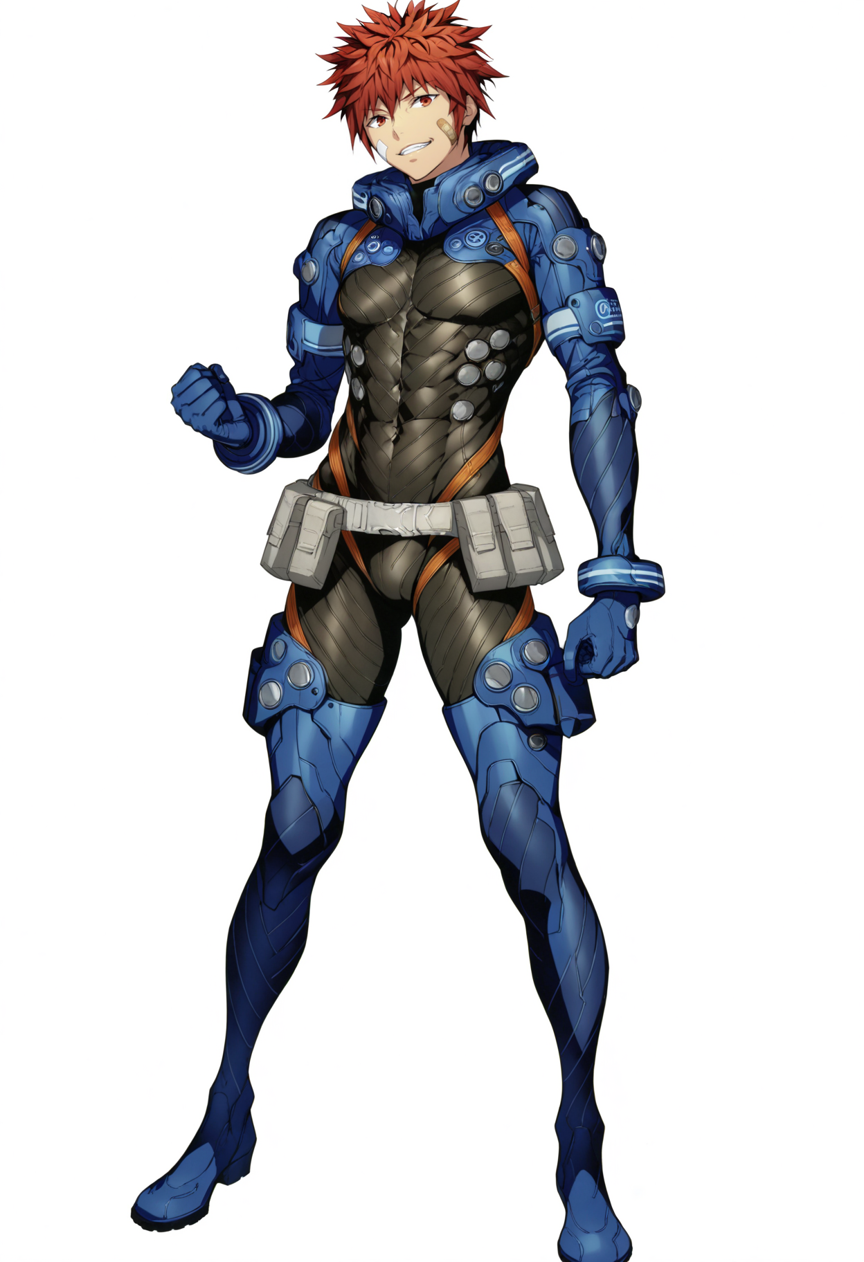 masterpiece,best quality,newest,absurdres,highres,asahi inui,solo,looking at viewer,smile,1boy,gloves,alpha omega spacesuit,standing,full body,male focus,parted lips,boots,teeth,belt,grin,muscular,covered navel,bodysuit,abs,thigh boots,own hands together,clenched hand,skin tight,legs apart,blue footwear,contrapposto,bandaid on face,blue gloves,black-blue bodysuit,belt pouch,<lora:AsahiInui_noob:1>,