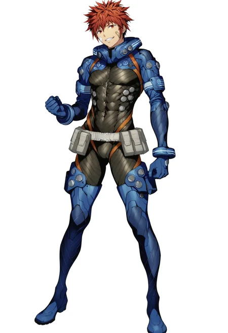 masterpiece,best quality,newest,absurdres,highres,asahi inui,solo,looking at viewer,smile,1boy,gloves,alpha omega spacesuit,standing,full body,male focus,parted lips,boots,teeth,belt,grin,muscular,covered navel,bodysuit,abs,thigh boots,own hands together,clenched hand,skin tight,legs apart,blue footwear,contrapposto,bandaid on face,blue gloves,black-blue bodysuit,belt pouch,<lora:AsahiInui_noob:1>,