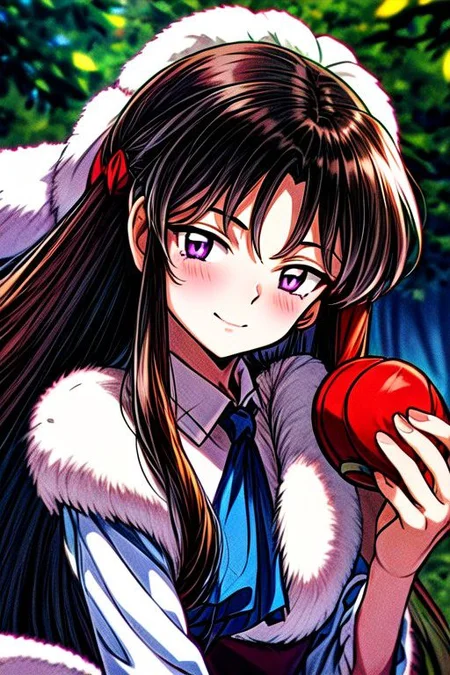masterpiece, best quality 1girl Setsun4 solo long hair, (night time) forest background black hair very long hair purple eyes multicolored hair armor (fur trim) (medium body),<lora:EMS-179-EMS:0.800000>,<lora:EMS-293862-EMS:0.800000> bow, hair_bow, hair_tubes, red_bow, brown_hair, long_hair, bangs, sidelocks, ascot, brown_eyes, frilled_bow, yellow_ascot, blush, smile, hair_between_eyes