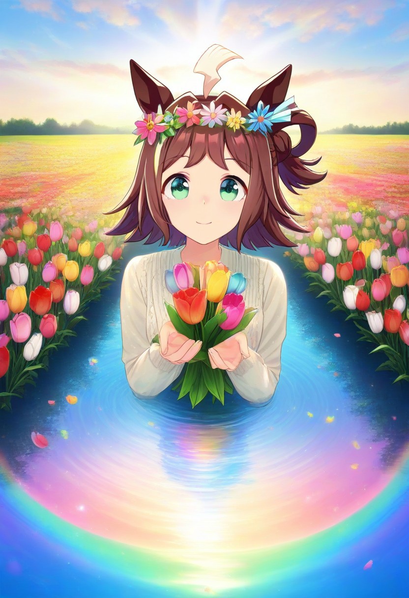 (umamusume, rhein_kraft_(umamusume), horse_ears, horse_girl, tail, 1girl, Tulip, animal_ears,), 
casual, field, flower, flower_field, green_eyes, hair_between_eyes, hair_ornament, 
head_wreath, looking_at_viewer,  solo, , symmetric ,spiralling vortex made of multicoloured tulips,ripples, reflective, jaynl-tm, rainbow, , g0ldsw0rthy,
(realistic, photo,  artistic, medium_hair, one_eye_closed, petals, relaxing,  lush foliage sunrise,  ,  : 0.7)