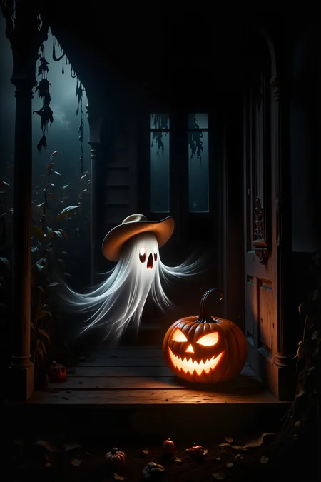 On the porch of a haunted, old farmhouse, a tiny ghost dressed as a cowboy stands proudly next to a life-sized, glowing pumpkin that it seems to have just carved. The ghost's cowboy hat glows faintly, and a toy lasso dangles from its waist as it floats happily above the porch steps. The pumpkin, carved with a wide, toothy grin, glows with an eerie, orange light, casting flickering shadows across the weathered wood of the porch. Above, the house looms dark and mysterious, with broken windows and overgrown vines creeping up its sides. A faint, ghostly wind blows through the cornfields behind the house, rustling the dried stalks and sending chills down the spine. The tiny ghost giggles with glee as it admires its handiwork, its playful energy filling the air with a sense of mischievous joy. The smell of dried leaves and cool night air adds to the Halloween atmosphere, while distant howls echo through the night, completing the spooky, playful scene. <lora:detailed_flux_ntc:2.2><lora:aidmaImageUpgrader-FLUX-V0.1:0.65><lora:FluxGhost-000001>