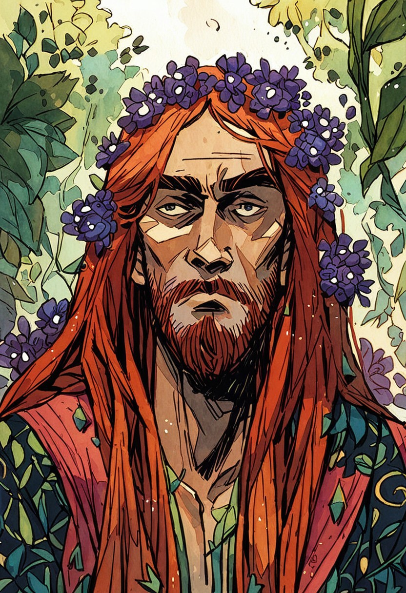 score_9, score_8_up, score_7_up, score_6_up, 1boy, watercolor painting, cowboy shot, hippie, lanky man with a face filled with intertwined thorny vines growing wild, holding a purple flower, background is a forest, large colorful plants, mischievous look on face, eye contact, 
expressive,
black linework, long hair, long unkept beard
