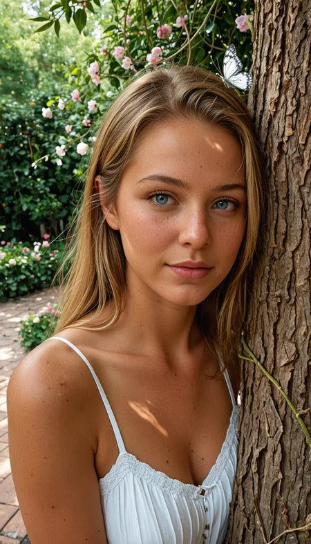 masterpiece, best quality, amazing quality, very aesthetic, high resolution, ultra-detailed, absurdres, scenery, photo, realistic, amateur, portrait, 1girl, solo, long blonde hair, blue eyes, (dappled sunlight:1.2), medium breasts, white dress, flowers, garden, muted color, forest, white butterfly, looking at viewer, leaning side against tree, vines, green, upper body, close-up, dutch angle, raw lights, BREAK, bokeh, face focus, depth of field, photorealistic details
