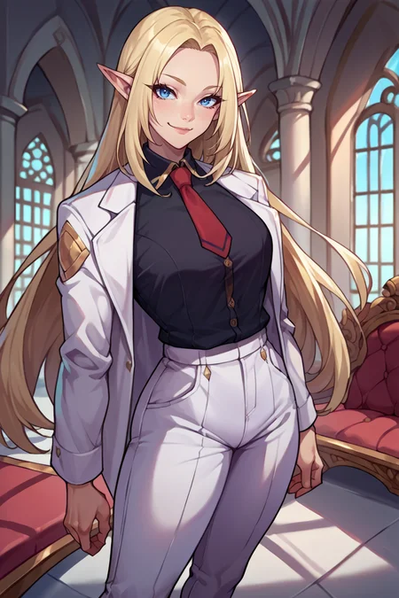 score_9, score_8_up, score_7_up, score_6_up, source_anime, 1girl, solo <lora:alpha-pdxl-nvwls-v1-000005:1> alpha, blue eyes, blonde hair, pointy ears, white suit, white pants, black shirt, collared shirt, red necktie, looking at you, smile, mansion, lounge, standing