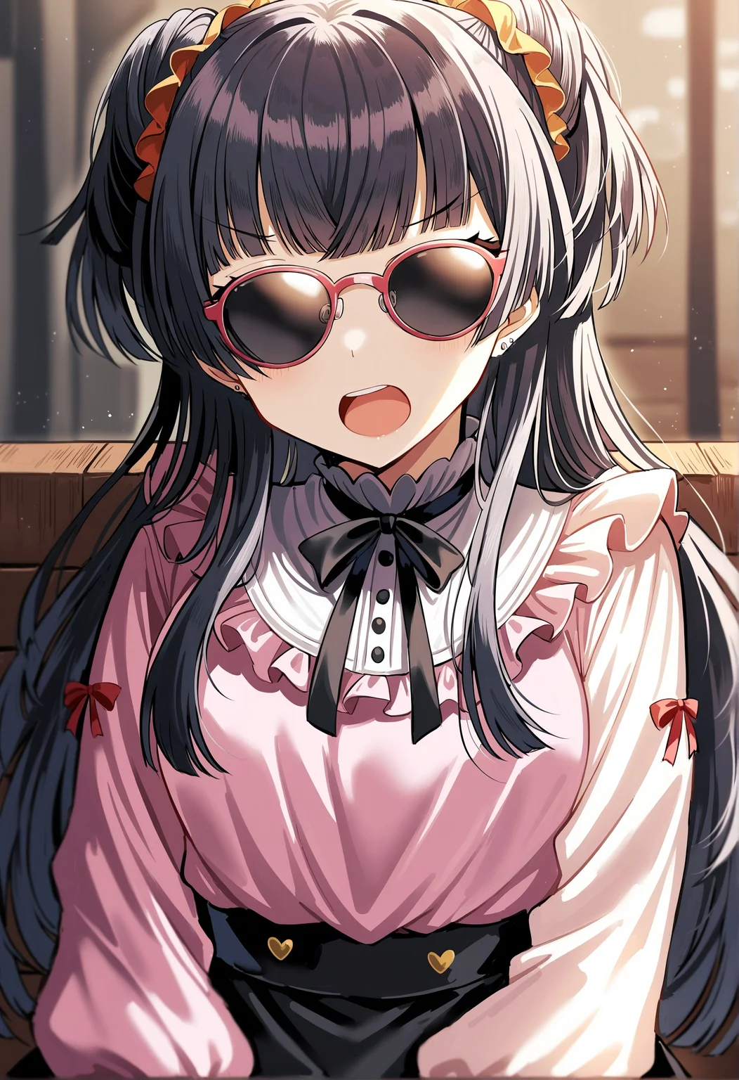 1girl, mayuzumi fuyuko, idolmaster, sitting,blunt bangs, double bun, sunglasses
<lora:light_sharp_style_magin3.1-000040:0.7>,open mouth, pink shirt
