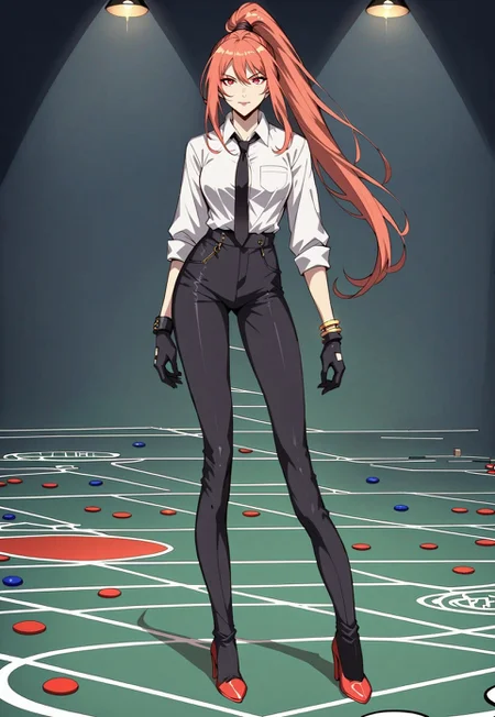 safe_pos, score_9, score_8_up, score_7_up, 1girl, night, indoor, in a casinò, full body, dynamic shot, from high, long legs standing behing a poker table, green table, solo, dynamic pose, Feng Ling, orange hair, red eyes, medium breast, long hair, ponytail, black pants, white shirt, long sleves shirt, black gilet, black neck tie, red heels, gold slim bracelets, black gloves, looking at the viewer, long legs, nice legs, white hips ultra detailed, masterpiece, <lora:add-detail-xl:1>, <lora:StS_PonyXL_Detail_Slider_v1.4_iteration_3:4>