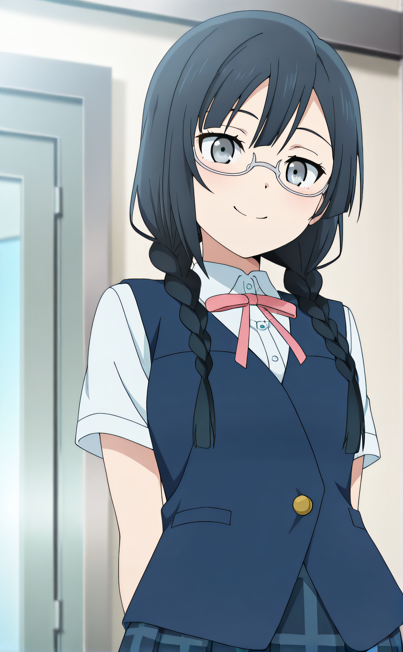 masterpiece, best quality, highres, newest, 1girl, solo, official style, anime screencap, <lora:Yuuki_Setsuna:1>, setsuna, black hair, twin braids, grey eyes:1.2, glasses, school uniform, pink ribbon, blue vest, short sleeves, dark blue plaid skirt, looking at viewer, indoor, cowboy shot, arms behind back, smile