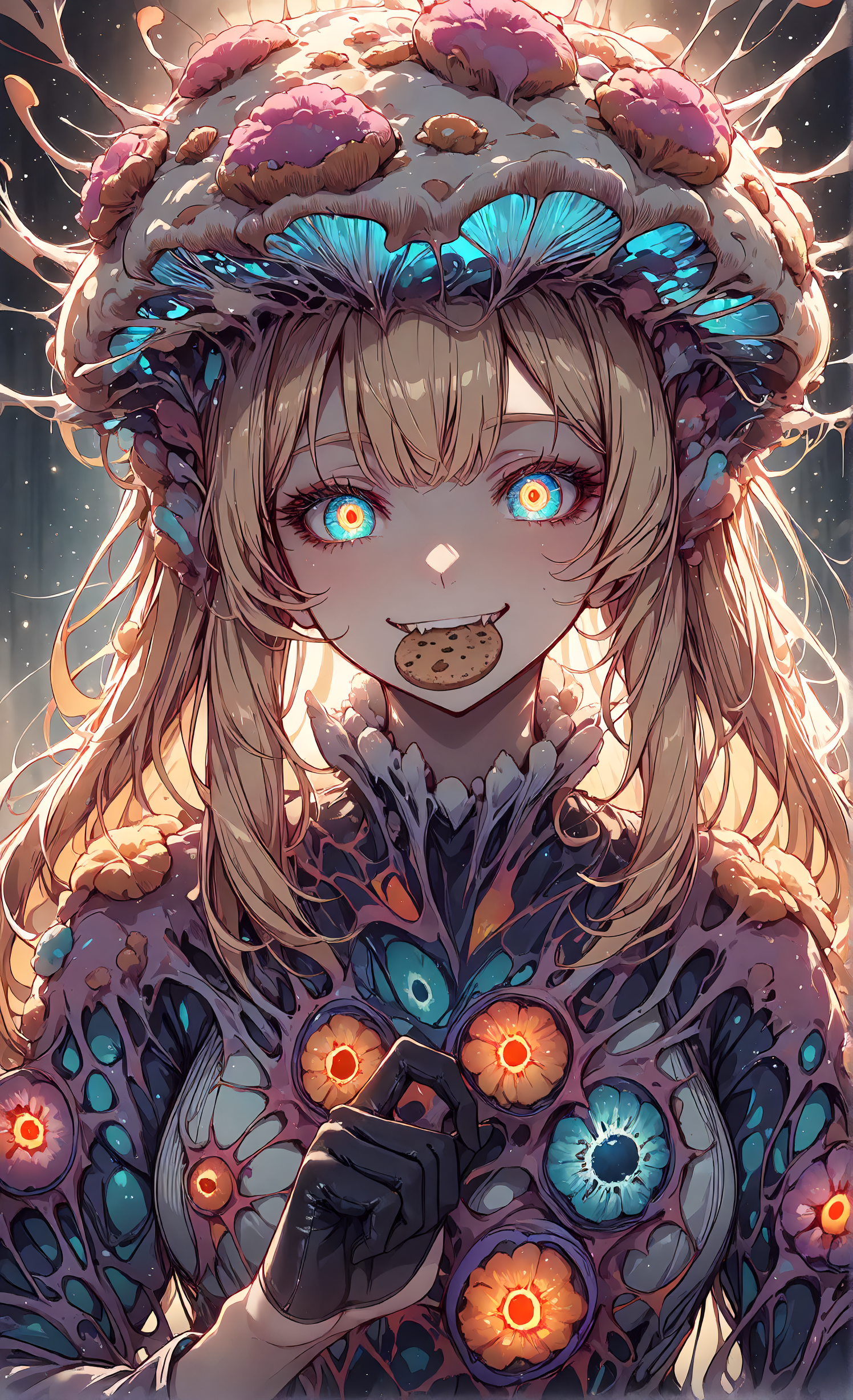 masterpiece, sharp detail, intricate detail, hair shader, 1girl,  <lora:MyceliumT-000014:1>,  myceliumt, blonde hair, dress, glowing eyes, detailed eyes, gradient eyes, eyelashes, detailed face, detailed eyes, looking at viewer, smile, cookie in mouth, half gloves, Bvibrant colors, dramatic shadows, cinematic lighting, detailed background, light and shadow contrast, glowing light particles, light particles,