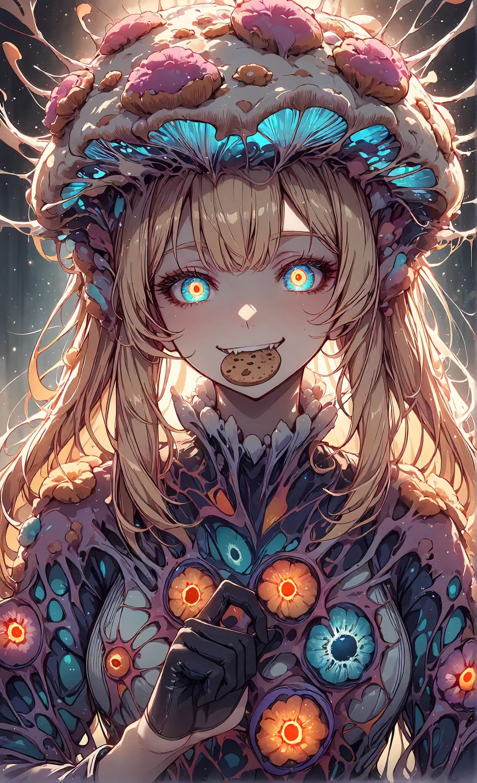 masterpiece, sharp detail, intricate detail, hair shader, 1girl, <lora:MyceliumT-000014:1>, myceliumt, blonde hair, dress, glowing eyes, detailed eyes, gradient eyes, eyelashes, detailed face, detailed eyes, looking at viewer, smile, cookie in mouth, half gloves, Bvibrant colors, dramatic shadows, cinematic lighting, detailed background, light and shadow contrast, glowing light particles, light particles,