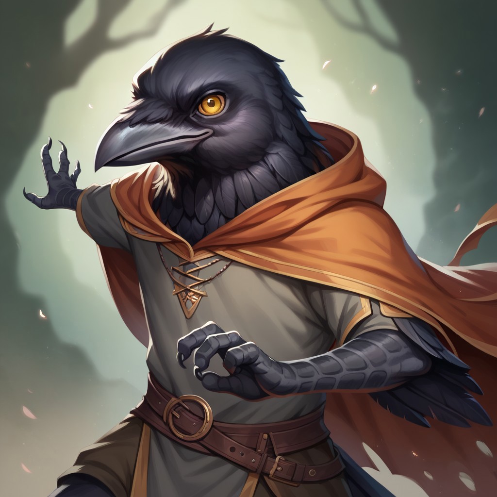 (((detailed, beautiful, high quality))), score_9, score_8_up, score_7_up, ((solo)), dynamic pose, fighting pose,
kenku, anthro bird, anthro crow, plumage,
1 boy, male focus, yellow eyes, brown capulet with hood, grey shirt,
looking at viewer, posing,
fantasy background, blurred background,