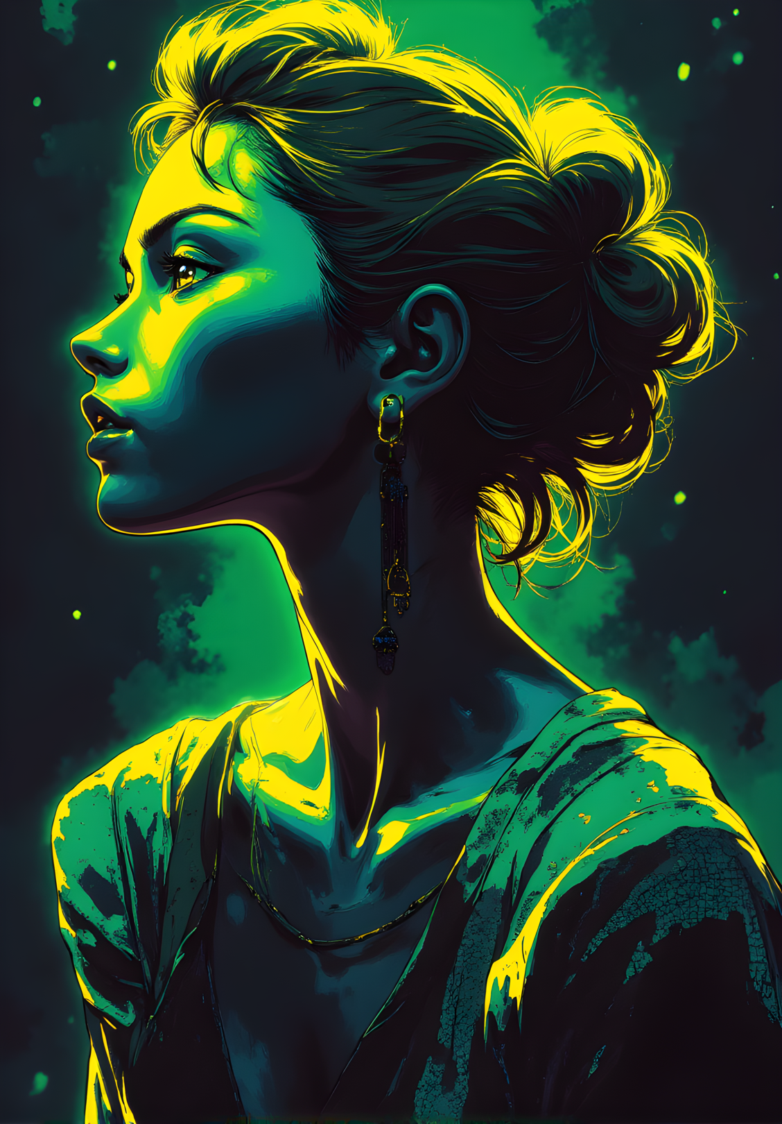 A striking portrait of a woman is illuminated by vibrant neon green and yellow hues, creating a dramatic and otherworldly effect. The lighting accentuates the contours of her face and neck, casting deep shadows that add depth and dimension to the image. Her hair is styled in an elegant updo, with strands delicately framing her face. She wears a pair of dangling earrings that catch the light, adding a touch of glamour. The background is dark, which further enhances the luminous quality of the colors and draws the viewer's attention to the subject. The overall composition is bold and captivating, evoking a sense of mystery and intrigue.
j_art, anime, anime art, <lora:FLUX\jul\J_Anime:1.0>, <lora:FLUX\Anime Art V3:0.1>, <lora:FLUX\RM_Artistify_v1.0M:0.1>, <lora:FLUX\RetroAnimeS1.1:0.1>