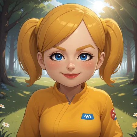 score_9, score_8, BREAK, solo, wii, mii, wii sports, 1girl, female mii, blue eyes, blush, blonde hair, blonde eyebrows, twintails, yellow clothing, white pants, sneakers, nintendo mii, modern_mii, classic_mii, pavika_\(\\oc_mii\\\), breasts, lips, sexy pose, self portrait, smile, outdoors, sunlight, shadows, evening lighting, natural lighting, forest, trees, grass, orange sky, sunset