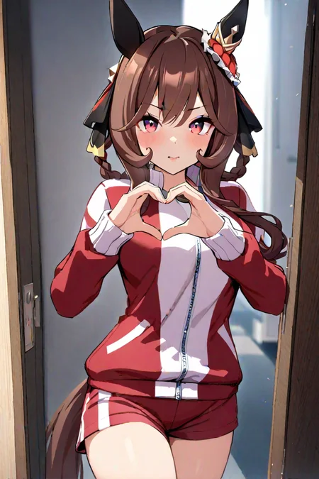 masterpiece, best quality, absurdres, 
gentildonna \(umamusume\), 1girl, heart hands, horse ears, looking at viewer, red track shorts, tracen training jacket, long sleeves, hair ornament
 <lora:SDXL_gentildonna_v1.0:0.7>