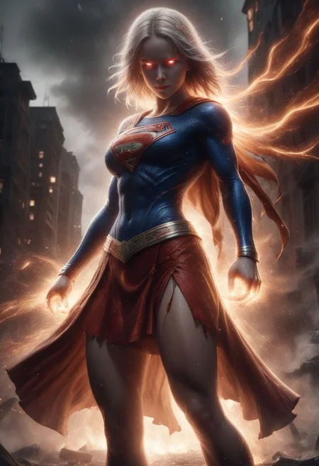 High resolution ultra-realistic of Beautiful Kiernan Shipka as Supergirl fighting against alien invasion, cinematic style, standing on a bloody and stormy battlefield in a fighting pose, bloody massacre, fire, ultra fine details, 8k resolution, dramatic lighting, high contrast shadows casting over his iconic "S" emblem, capturing the intensity of the moment, cinematic quality. hyperdetailed vibrant color, complex, portrait, Intricately Designed combat costume and red mini skirt, 8k resolution concept art, superheroine charming, portrait by Greg Rutkowski, beautiful firm Breasts, defiant and seductive, Artgerm, WLOP, Alphonse Mucha, perfect composition, beautiful detailed intricate, perfect big eyes, detailed octane render, digital painting, pixiv contest winner, official art, anime, official art, character design, trending on artstation, high quality model, best quality, high quality, highly detailed, 8k, best quality, high quality, highres, detail enhancement, 8k, hdr, sharp focus, ultra detailed, perfect lighting