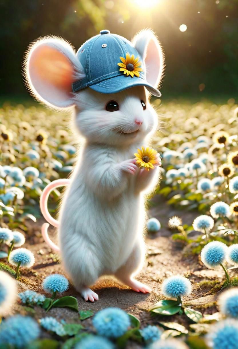 ral-fluff,<lora:ral-fluff:1>,
chibi,masterpiece,best quality,original,official art,silver metallic mice, hat,flower,blurred background,rendering,beautiful detailed glow,(detailed ice),beautiful detailed sun,sunny, blurred flower, happy