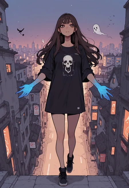 score_9, score_8_up, score_7_up, masterpiece, best quality, very aesthetic, 1girl, incoth, (incase:0.6), detailed face, (dynamic:1), stylized, illustration, r17329_illu, brown hair, brown eyes, white pupils, long hair, t-shirt, glowing female hand, blue hand, ethereal hand, ghost, city, street, flying, levitating, 