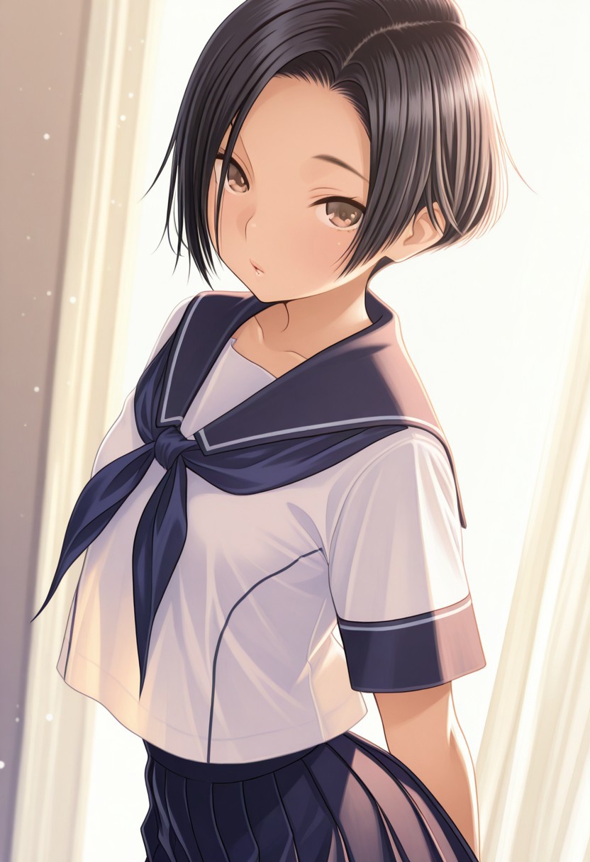 1girl, k_rinko, black hair, r_s_clothes,white shirt,short_sleeves,blue neckerchief,pleated skirt, walking, hands behind back, close-up,, looking at viewer, simple background, sexy pose, outsides,masterpiece, best quality, ultra-detailed, best illustration, soft lighting, bloom, light particles, glow, shiny hair, detailed background, dynamic lighting, volumetric lighting, dynamic pose, dynamic angle,