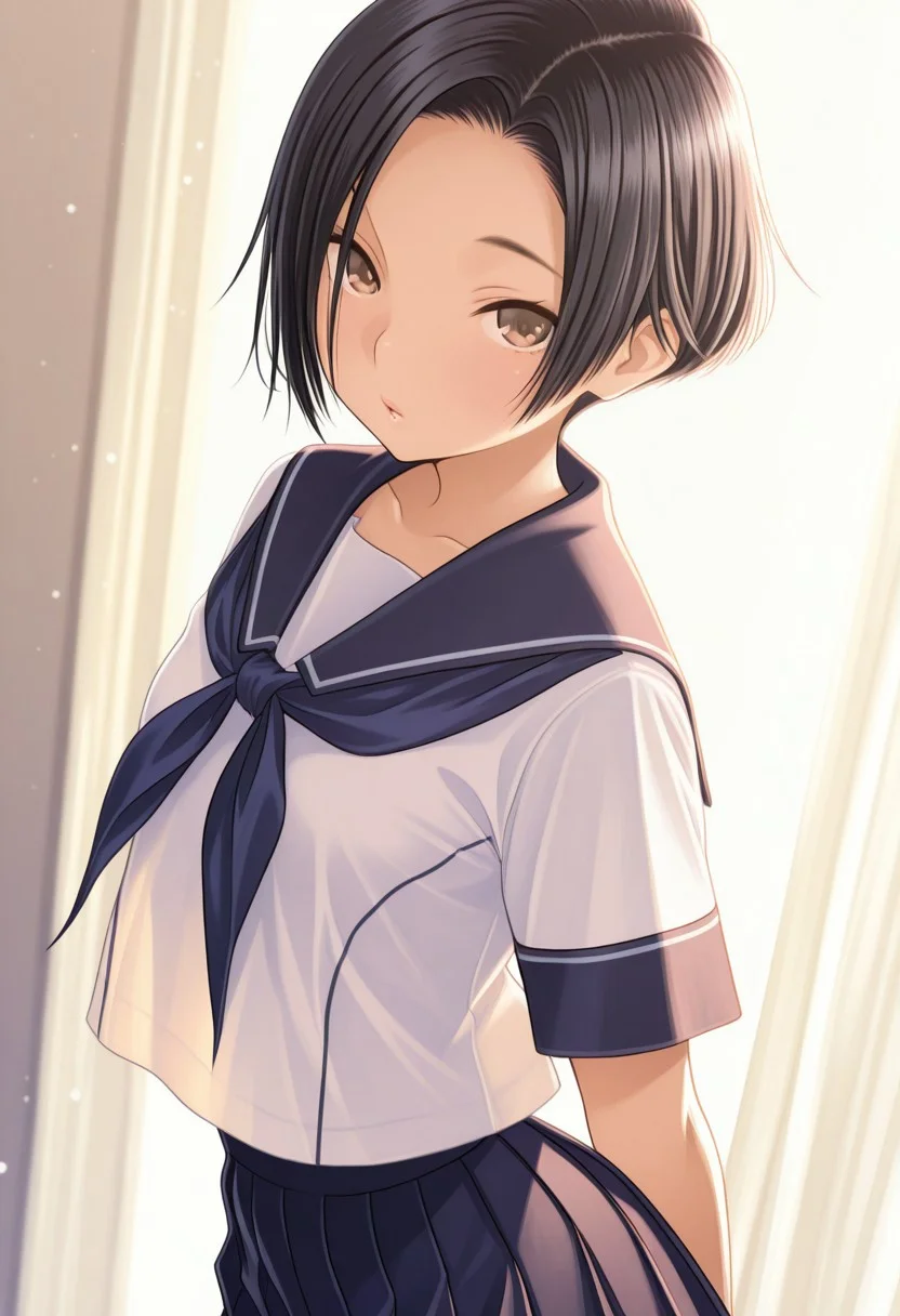 1girl, k_rinko, black hair, r_s_clothes,white shirt,short_sleeves,blue neckerchief,pleated skirt, walking, hands behind back, close-up,, looking at viewer, simple background, sexy pose, outsides,masterpiece, best quality, ultra-detailed, best illustration, soft lighting, bloom, light particles, glow, shiny hair, detailed background, dynamic lighting, volumetric lighting, dynamic pose, dynamic angle,