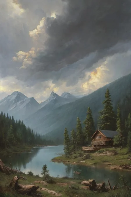 Masterpiece, high-resolution, oil painting, tall mountains, pine forest, log cabin, lake, large thunderstorm clouds in the distance