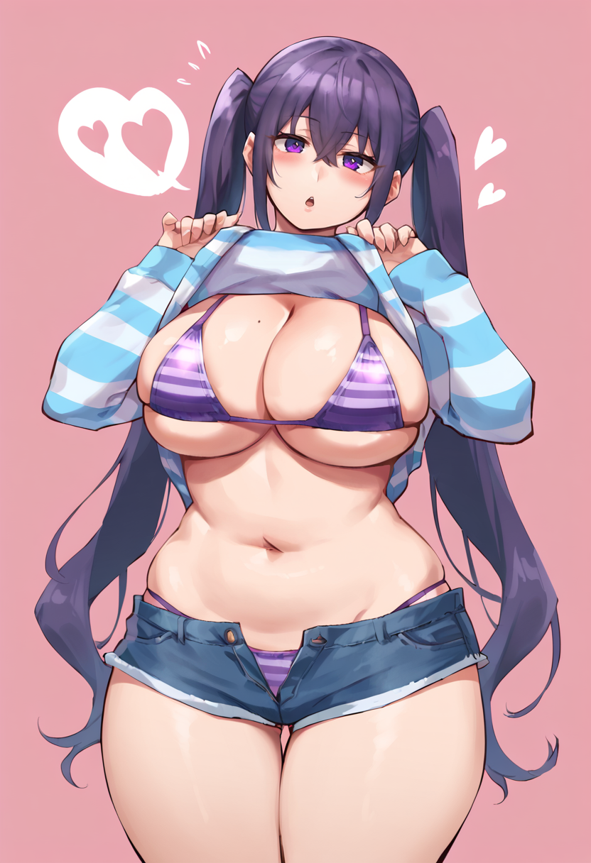 score_9, score_7_up,  1girl, 
huge breasts, wide hips, thick thighs, hands up, striped clothes, twintails, bikini top only, navel, short shorts, clothes lift, bikini, cowboy shot, plump, hair between eyes, solo, stomach, long sleeves, standing, very long hair, lifted by self, swimsuit, purple eyes, looking at viewer, head tilt, purple bikini, denim shorts, striped bikini, open mouth, pink background, heart, thighs, shiny skin, cleavage, long hair, open fly, breasts, blush, denim, shorts, shirt lift, purple hair, curvy, micro bikini, purple shorts
 <lora:hirunagi-Style-PonyXL-GLoRA-v1.1-000047:1>