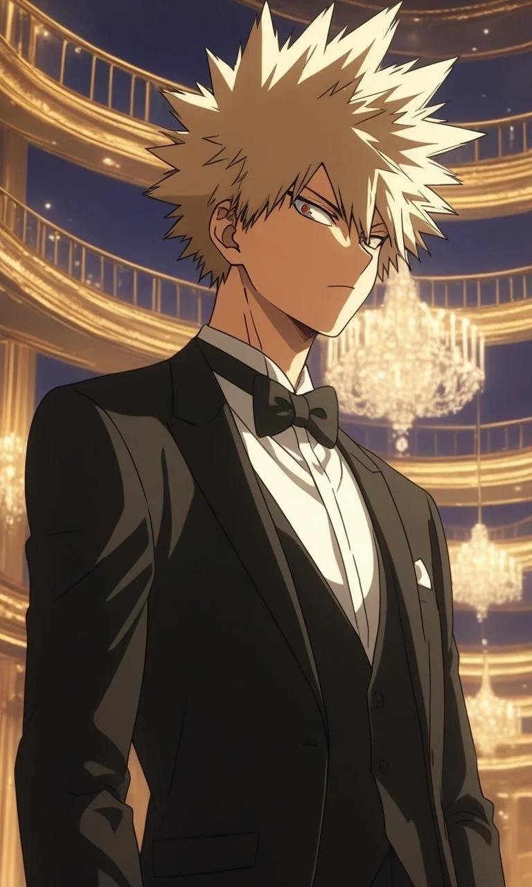 1boy, Katsuki Bakugo from My Hero Academia, BREAK source_anime , best quality, wearing a black tuxedo with a bow tie, formal setting, elegant lighting, evening atmosphere, detailed background , <lora:tuxedo:0.6>